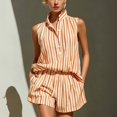 thumbnail image 2 of Clossjun Striped Two Piece Set for Women Spring Summer Casual V Neck Button Sleeveless Top Elastic Waist Shorts Sets, 2 of 7