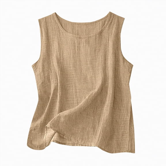 NIEWTR Women Cotton Linen Tank Tops Loose Causal Sleeveless Summer Shirts Crew Neck Gauze Crewneck Camisole(Khaki,5XL)