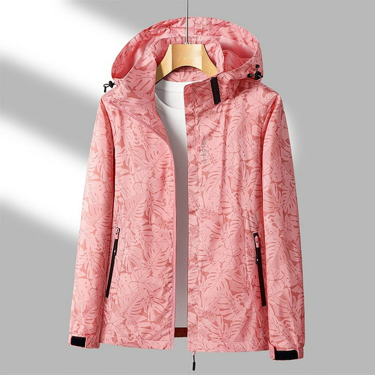 JGGSPWM Women Plus Size Lightweight Jacket Hiking Waterproof Windbreaker Drawstring Full Zip Long Sleeve Coat Boho Leaf Print Raincoat Pink XXL