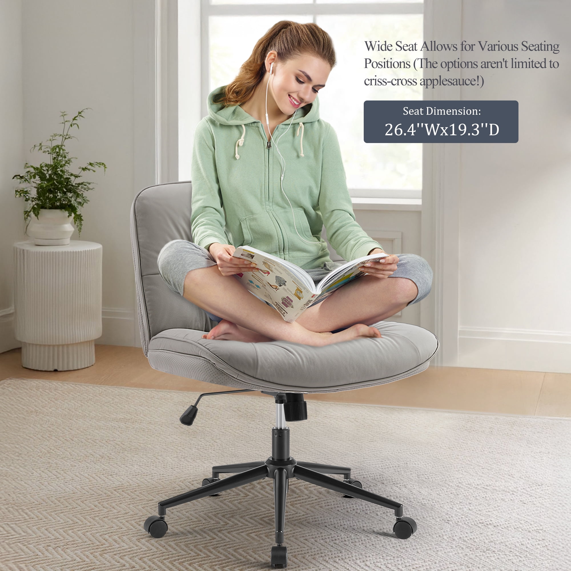 CONCETTA Armless Office Chair with Wheels - Swivel Rolling & 22° Rocking Recline, Wide PU Leather Seat, for Home Office Desk and Mobile Use, Gray