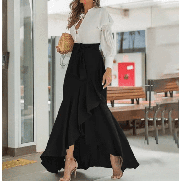 Women's Casual Plaid Mermaid Maxi Skirt A Line Irregular Ruffle Hem Fishtail Long Skirt