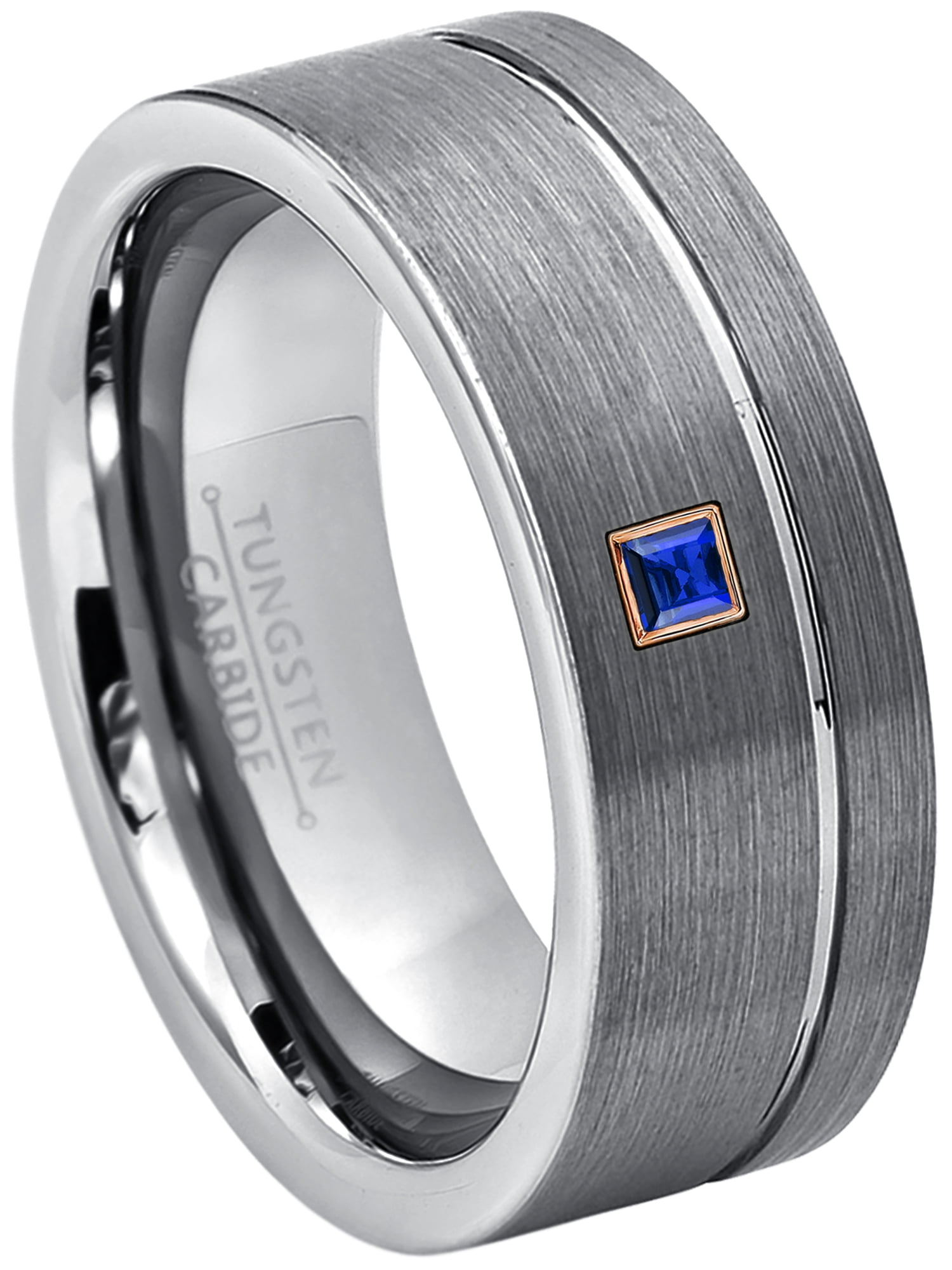8mm Blue Tungsten Ring March Birthstone Ring Comfort Fit 2-Tone Pipe Cut Tungsten Carbide Ring Tungsten Wedding Ring 0.21ctw Aquamarine /& Diamond 3-Stone WeddingBand