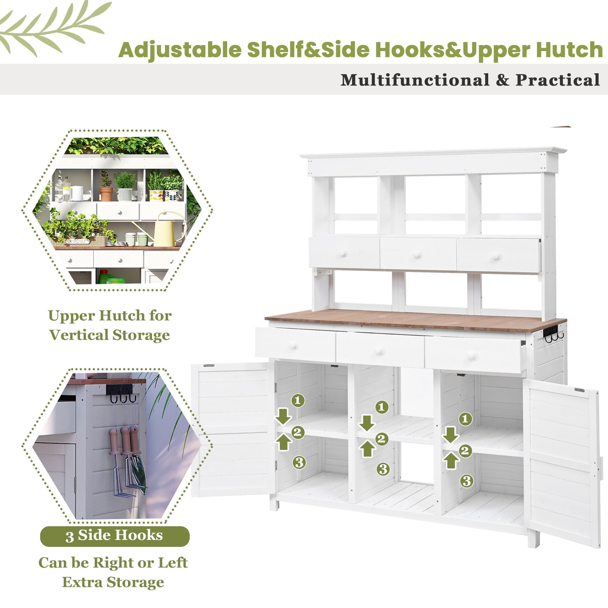 Sailvan 66" Wood Potting Bench Table with Hutch,Outdoor Kitchen Island Garden Workstation with 6 Drawers,2 Cabinets & Side Hooks White