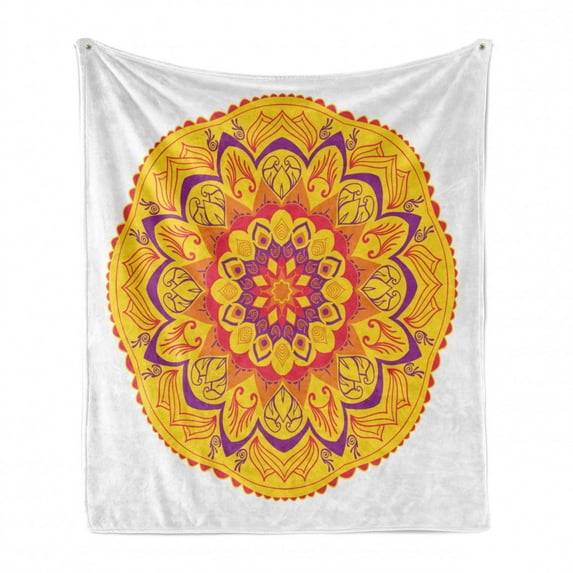 Rainbow Mandala Soft Flannel Fleece Throw Blanket, Warm Colored South Floral Design Oriental Eastern Pattern, Cozy Plush for Indoor and Outdoor Use, 50" x 70", Multicolor, by Ambesonne