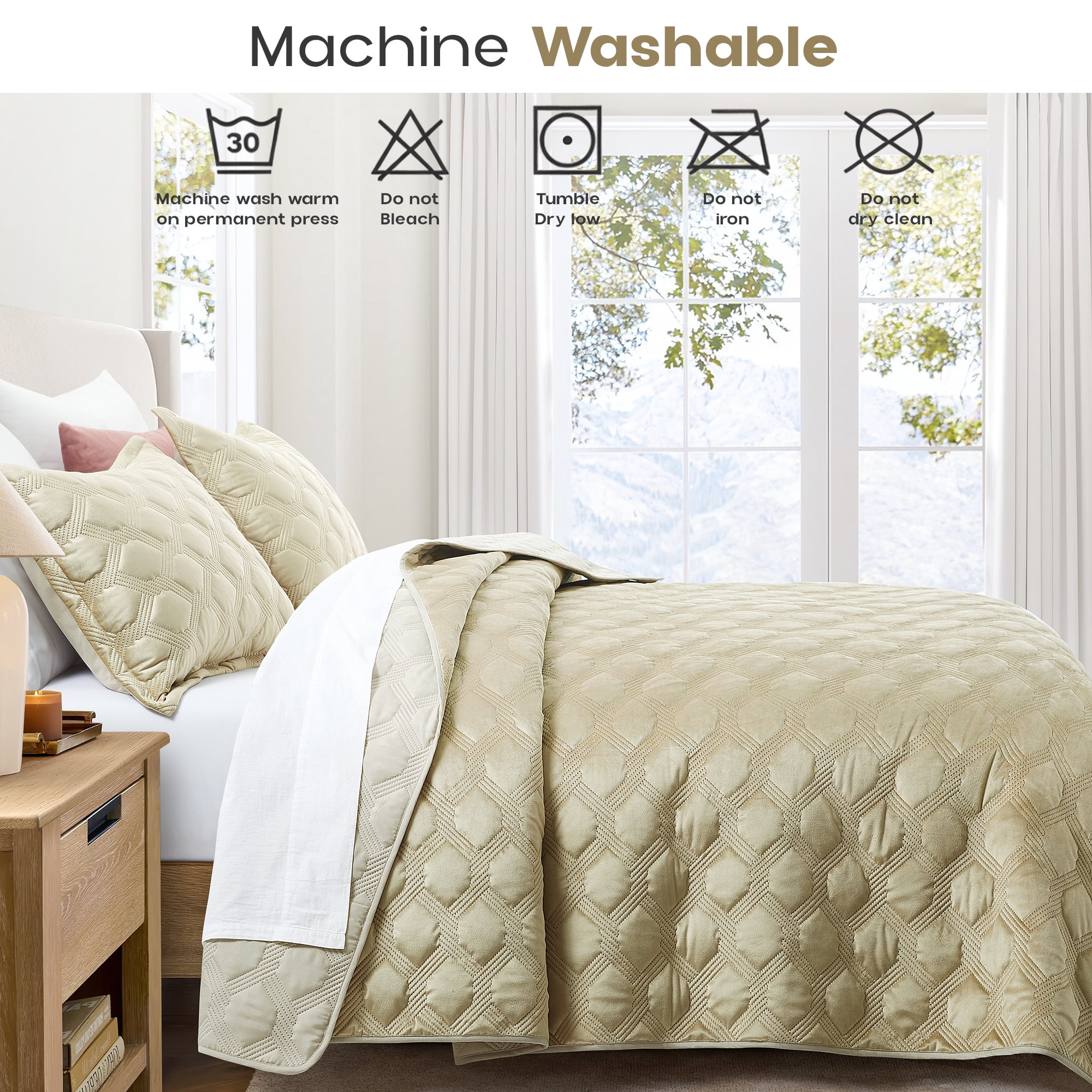 Ameha Velvet Quilt Set 3 Piece Geometric Ultrasonic Embossed Bedspread Reversible 350GSM Soft Microfiber Bedding Beige Full/Queen