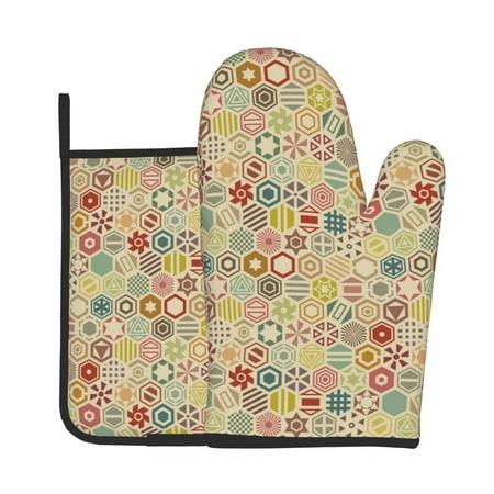 

Vsdgher Retro Geometry Oven Mitts and Pot Holders 2 pcs Set High Heat Resistant Kitchen Oven Glove for Baking and Cooking