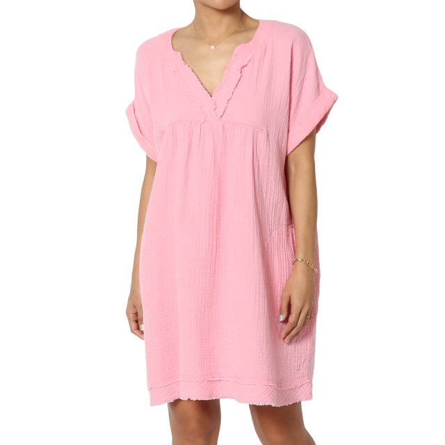 Robe Mini Babydoll en Gaze de Coton à Manches Courtes Col en V Décontractée pour Femmes