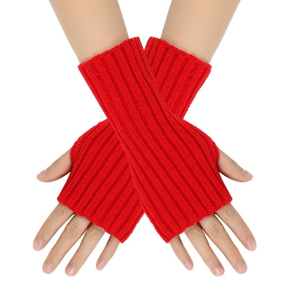 Fingerless Gloves Women Man Stretchy Knitted Gloves Thumb Hole Mittens Wrist Length Arm Warmers Red