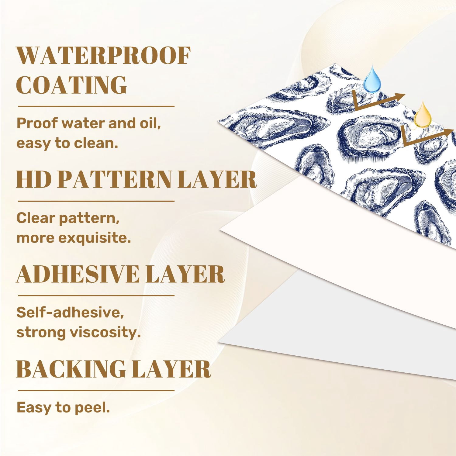 Peel and Stick Wallpaper Oysters Hand Drawn Nautical Blue Ink White Wall Mural 23.6in x 9.8ft Self Adhesive Removable Wall Paper Renter Friendly Wallpaper for Bedroom
