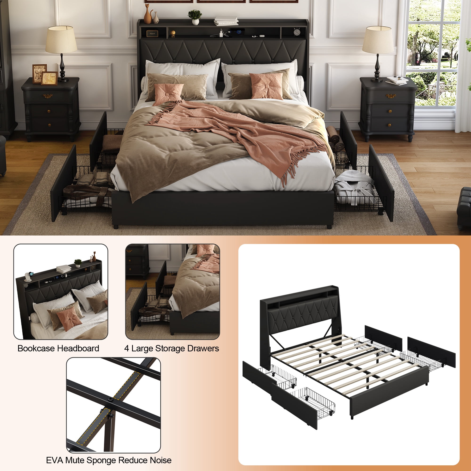 Bellemave PU Leather Upholstered Bed Frame Full Size with 4 Storage Drawers Noise-reduced Full Size Bed Frame with Bookcase Headboard and Charging Station (Full, Black)