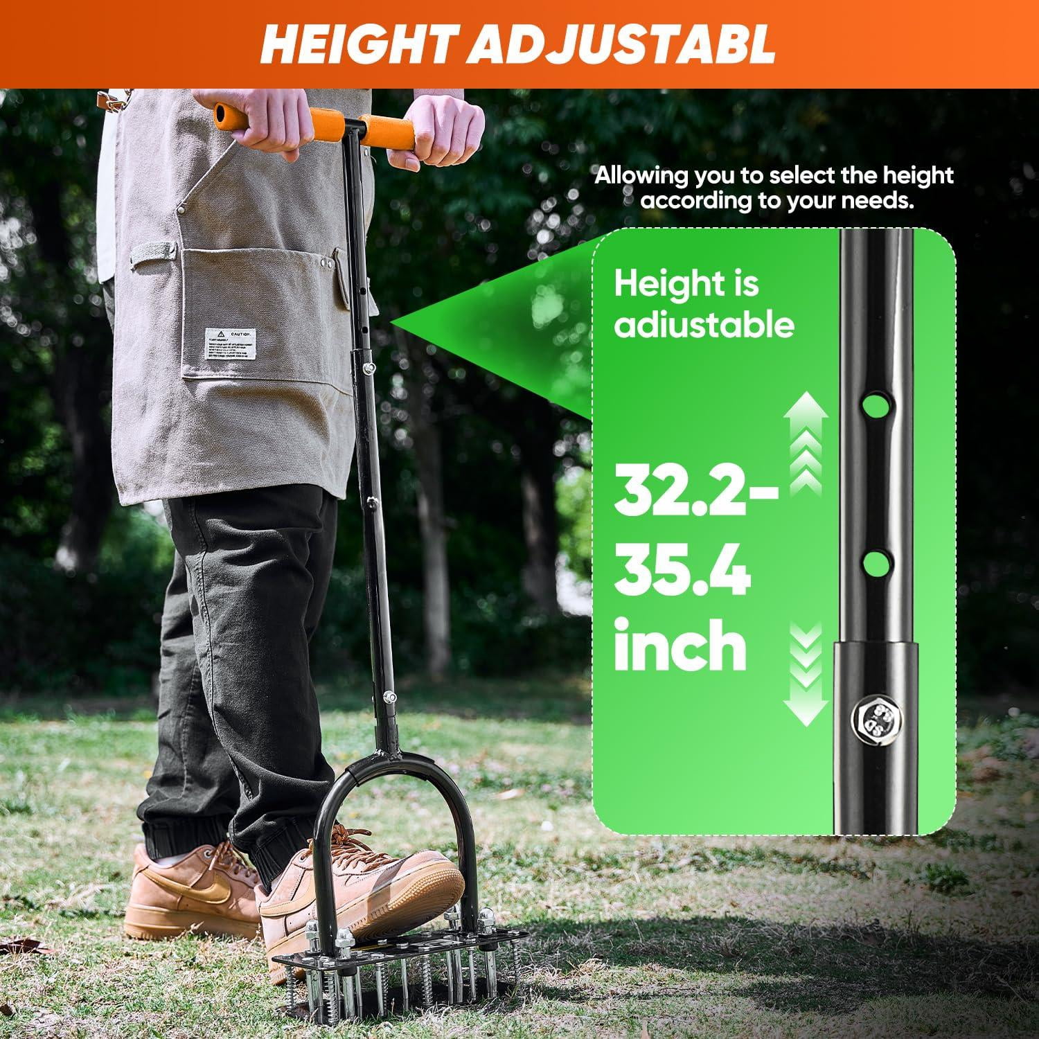 Manual Lawn Aerator Tool  With 15 Iron Spikes Adjustable Height Double-layer Spring Heavy-duty Gloves For Loosening Soil Aerating Patio Yard Garden Orange