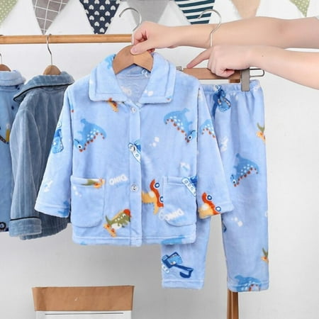 

Promotion!Kids Boys Flannel Pajama Sets Autumn Winter Keep Warm Dinosaur Print Long Sleeve Lapel Tops with Pants Sleeping Clothing Sets