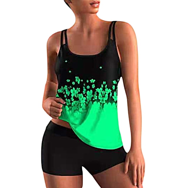 Sunloudy 2 piezas de traje de baño de verano para mujer, camisetas sin mangas acolchadas con tiras florales + traje de baño corto de color sólido para niñas, 6 colores Sunloudy S M L XL XXL XXXL