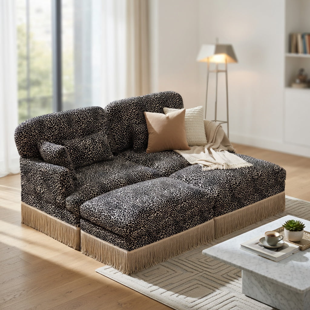 Hommoo Leopard Print Chenille Loveseat Sofa with Movable Ottomans, 2-Seat Modern Modular Couch, Tassel Trim & Ergonomic Deep Seat Design, Living Room Sofa, khaki