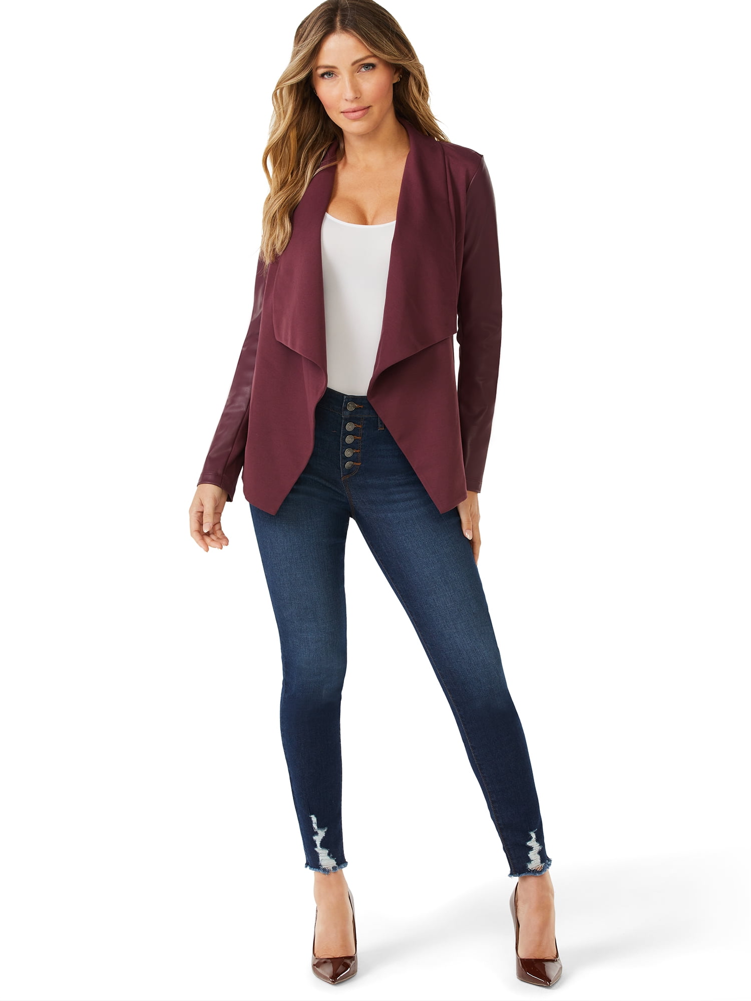 Sofia Jeans by Sofia Vergara Women's Drape Front Jacket with Faux Leather  Sleeves 