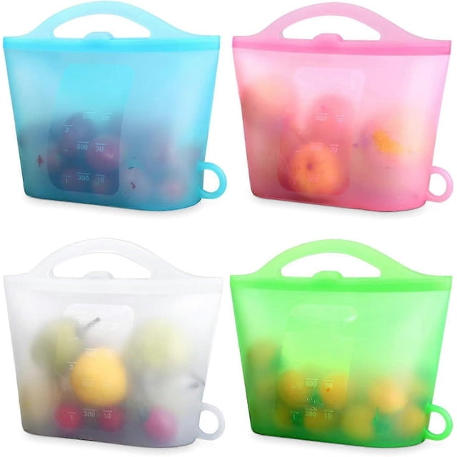 Sacs de Rangement Alimentaire en Silicone 4 Paquets de Sacs de Rangement Réutilisables (Debout) Adaptés pour le Stockage de Divers Aliments Congélation, Conservation, Cuisson, Chaleur