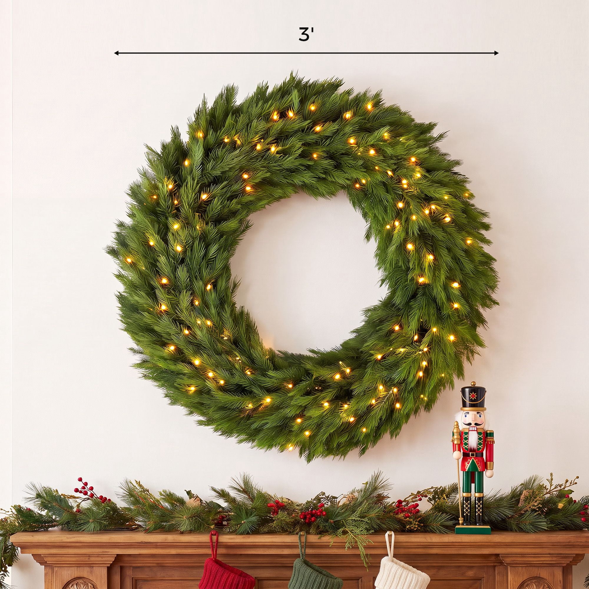 Pre-Lit Artificial Christmas Wreath, 36 in Norwegian Spruce with 100 Warm White LED Lights, 450 Branch Tips, Indoor and Covered Outdoor Holiday Door Decor