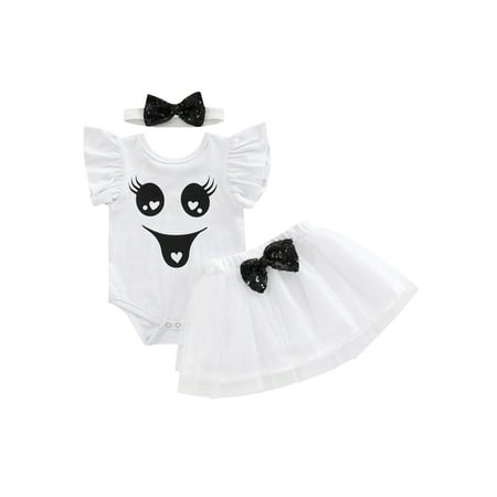 

JYYYBF Newborn Baby Girl My 1st Halloween Skirt Set Fly Sleeve Ruffle Romper+Tutu Skirt+Headbands Clothes Outfits White
