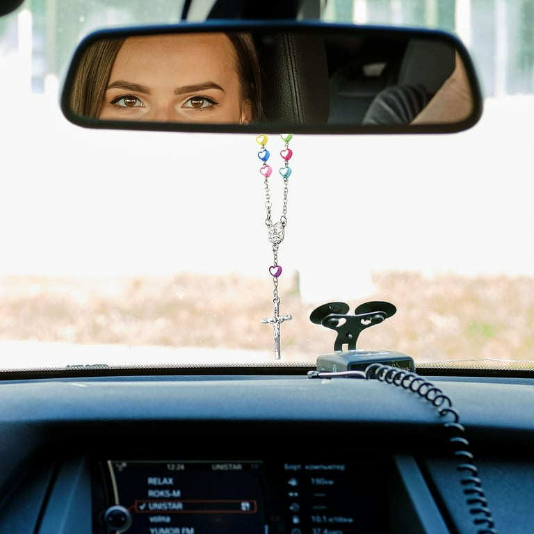 2 Pieces Car Rosary Chroma Love Heart Rearview Mirror Auto Rosary Religious Car Mirror Hanging Accessories Lourdes Med al and Cross for Car Personalized Protection Charm for Auto Decors Walmart