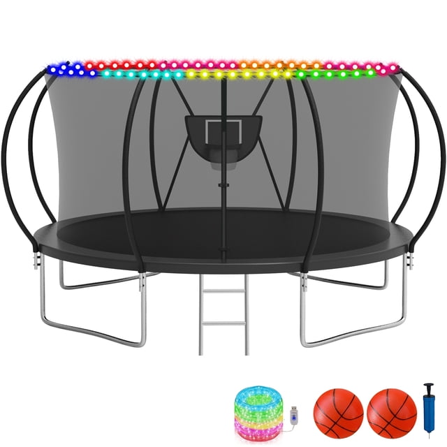 KOFUN Trampoline with Basketball Hoop & Light, 1500lbs 10FT 12FT 14FT 16FT Trampoline for Adults and Kids, No Gap Design Backyard Trampoline with Enclosure Net, Ladder, Green
