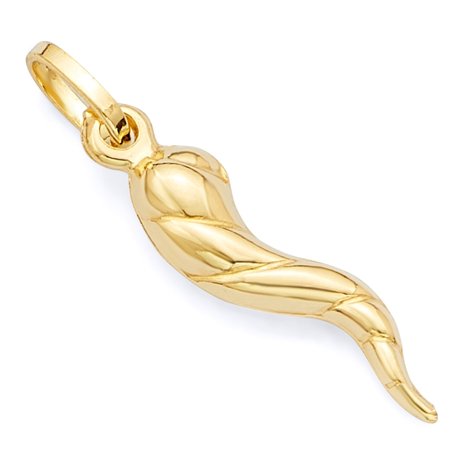 Wellingsale 14K Yellow Gold Polished Diamond Cut Twisted Cornicello Italian Horn Charm Pendant