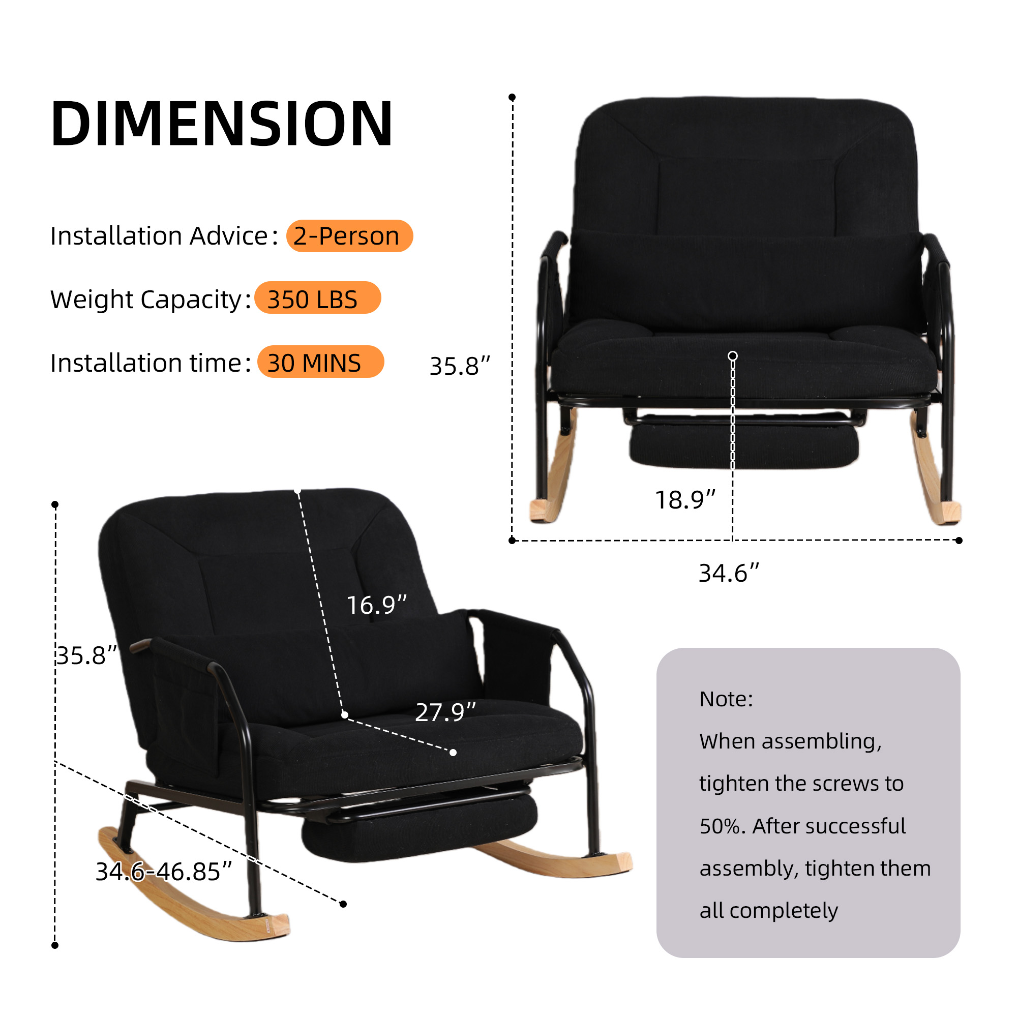 Hforesty Oversized Rocking Chair with Footrest ,Rocker Glider with Metal Farm,Wooden Bottom and Adjustable Backrest for Indoor Use: Balcony, Living Room or Bedroom.(corduroy)BLACK