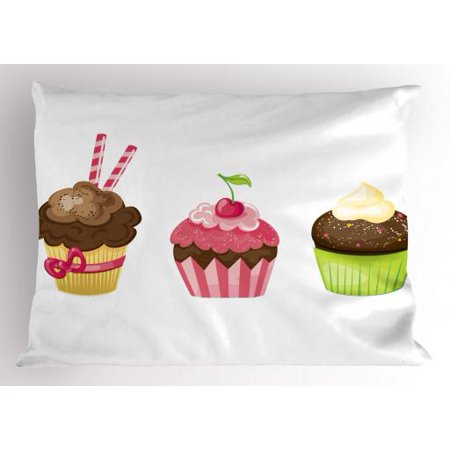 Dessert Pillow Sham Puffy Party Cupcakes Rolled Wafers Stucked In The Creamy Toppings Cherry Frostings Decorative Standard Size Printed Pillowcase Dessert Pillow Sham Puffy Party Cupcakes Rolled Wafers Stucked In The Creamy Toppings Cherry Frostings Decorative Standard Size Printed Pillowcase