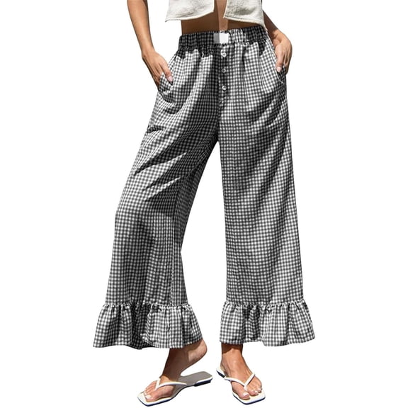 Women's Checkered Wide Leg Long Pants, High Waist Casual Trousers with Ruffle Hem, Loose Fit Summer Home Vacation Style Pants for Daily Wear Black L