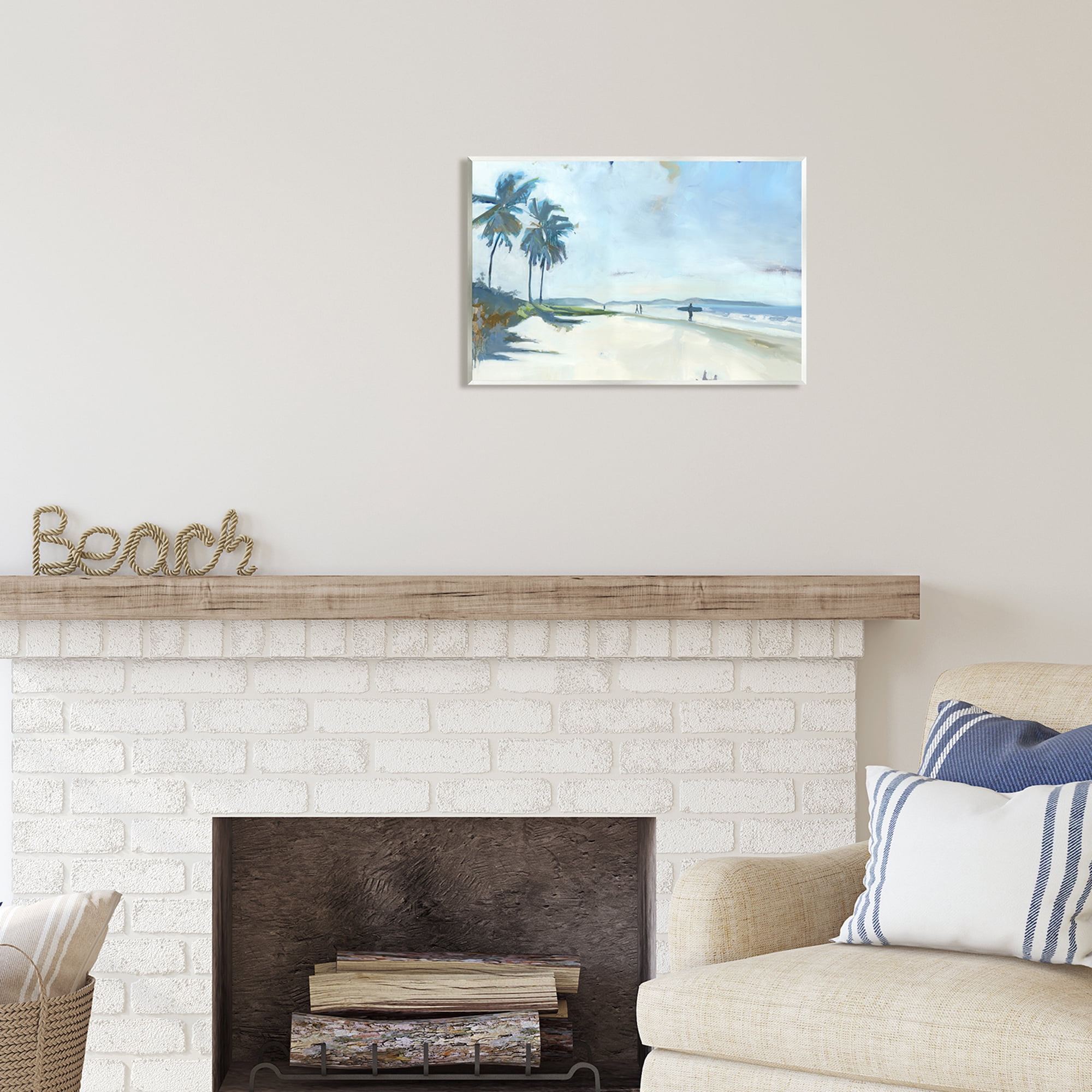 Stupell Industries Tropical Blue Beach Scene Surfers Coastal Painting Unframed Art Print Wall Art
