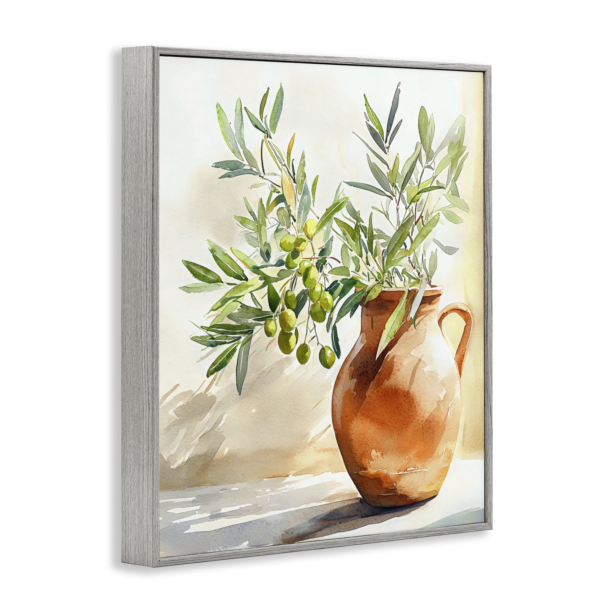 Stupell Industries Olive Branch in Terracotta Vase Gray Framed Giclee Art, design by LSR Design Studio