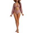 thumbnail image 2 of Bikini de una pieza con escote en V, mangas largas, malla y control de abdomen, color marrón rosado, talla X-Small, 2 of 5