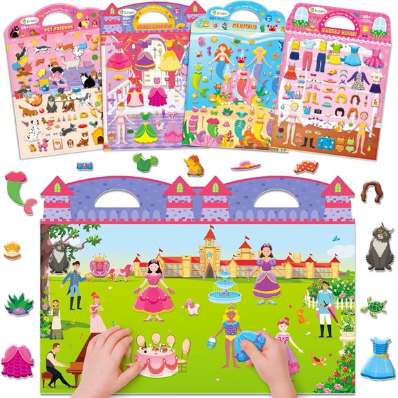 D-FantiX 3D Puffy Stickers for Kids 2-4 Years, Reusable Sticker Books for Girls Ages 4-8, Dress-Up, Princess, Mermaid, Pet, Car Road Trip Activities for Kids 3-5