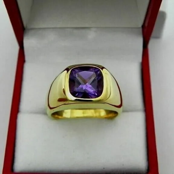 3Ct Cushion Cut Lab Created Amethyst Men's Solitaire Ring in 14K Yellow Gold Plated