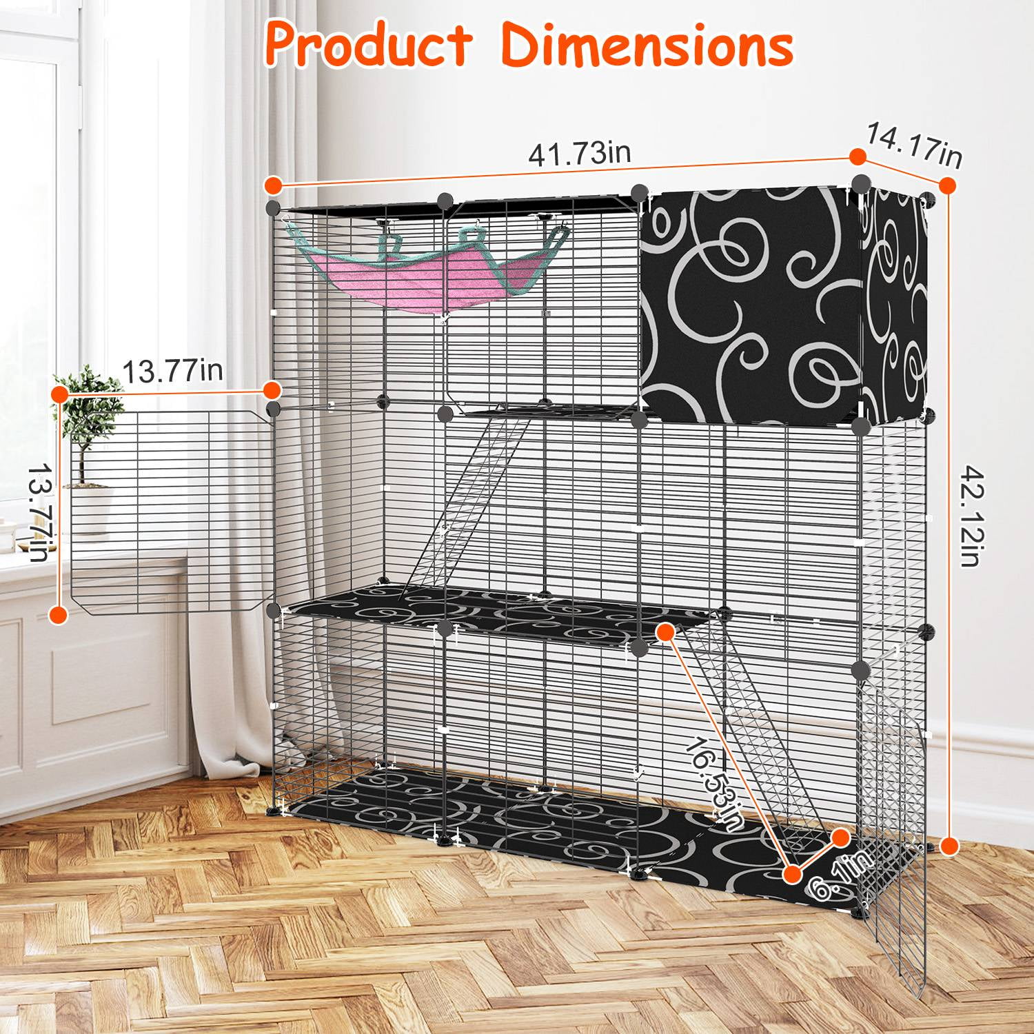 Moclever 3-Tier Large Cat Cage, Enclosure Indoor DIY Iron Pet Cage Playpen with Hammock Toy Ball Ladder for 1-2 Cats Ferret Rabbit Small Animals, Black