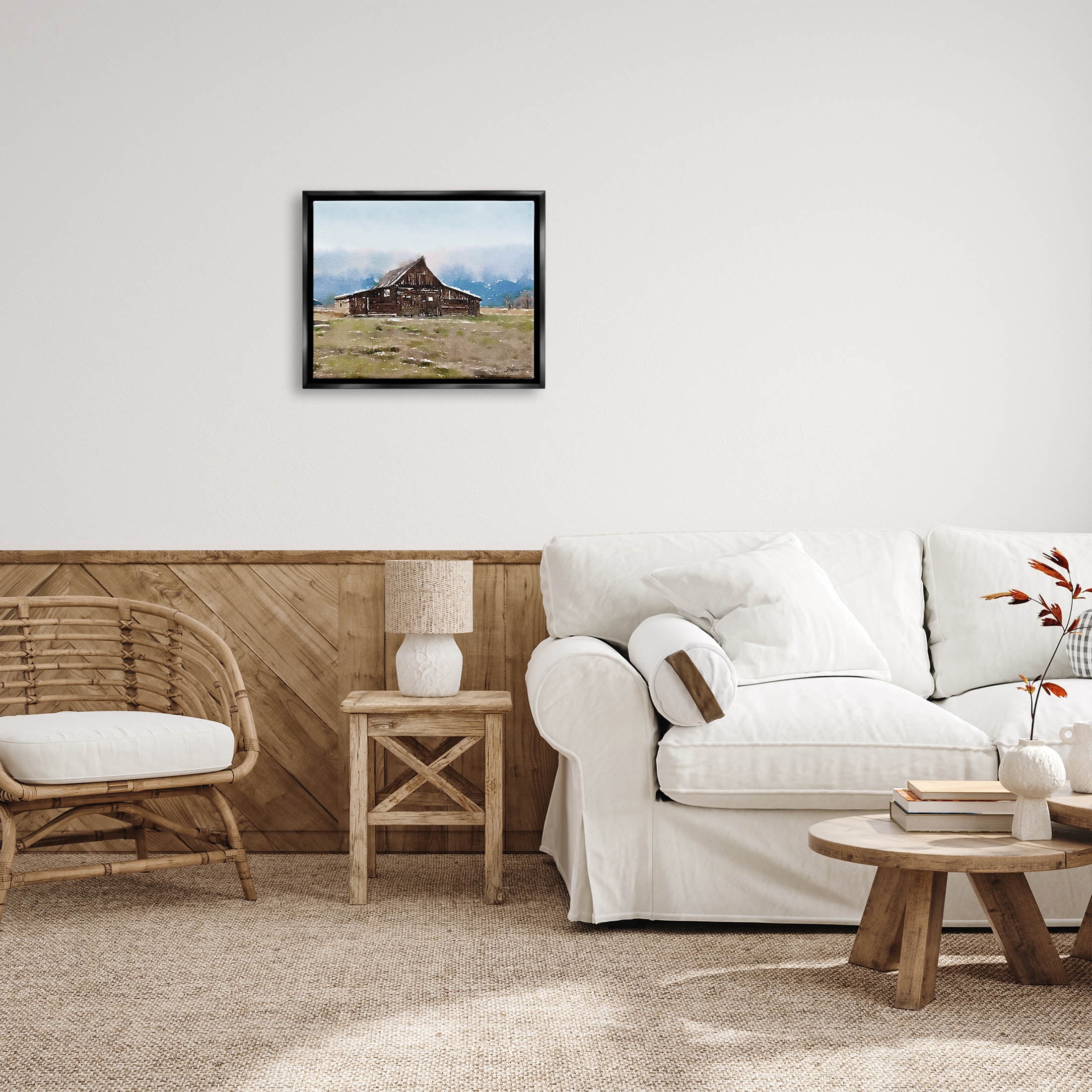 Rural Countryside Cabin Landscape Landscape Painting Jet Black Framed Art Print Wall Art