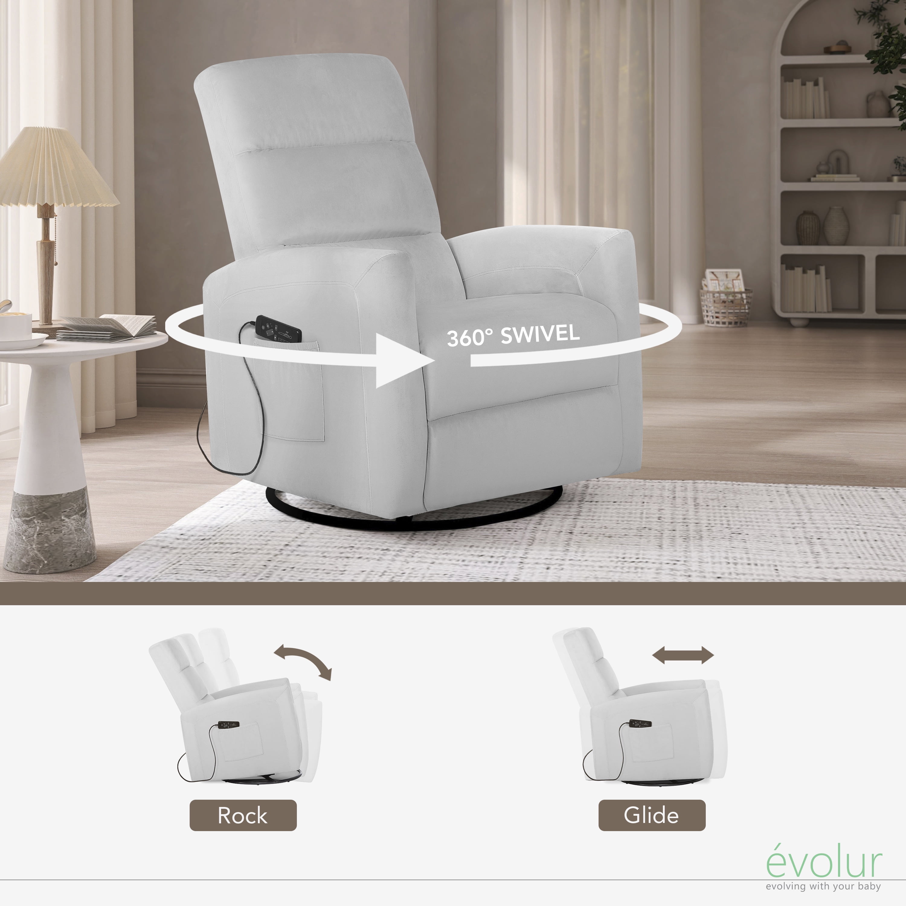 Evolur Reevo Upholstered Faux Leather Seating Glider Swivel, Rocker, Massager, Glider Chair For Modern Nursery, Misty Grey, Tool-Free Assembly, Easy to Clean, Environmentally Conscious Rocker