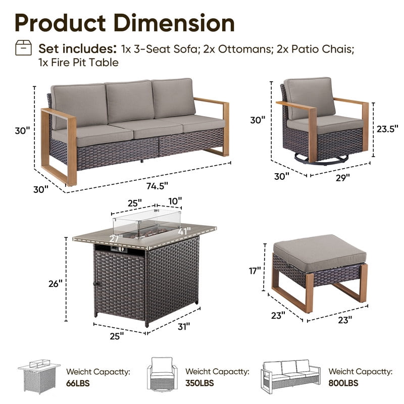 PARKWELL 6 Piece Outdoor Patio Furniture Set with Fire Pit Table,All-Weather Conversation Set with Swivel Glider Chair,7-Seat Patio Fire Pit Seating Sets for Backyard Gatherings, Brown/Gray