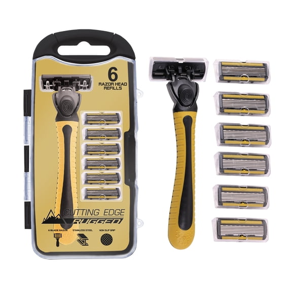 Cutting Edge Rugged Men’s 6-Blade Manual Razor with 6 Refill Cartridges, Pivoting Head, Stainless Steel Blades, Non-Slip Handle, Yellow/Black