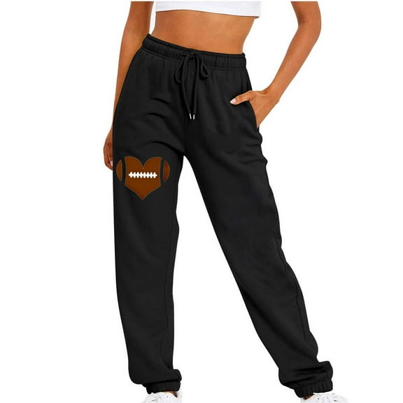WREESH Womens Sweatpants Fashion Football Printed Fitness Sport Relaxed Loose Printing Elastic Waist Long Sweatpants Black