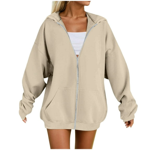 felwors Womens Zip Up Hoodies Plus Size Long Sleeve Hooded Sweatshirts Fall Winter Casual Fashion Jacket with Pockets Beige, XXL