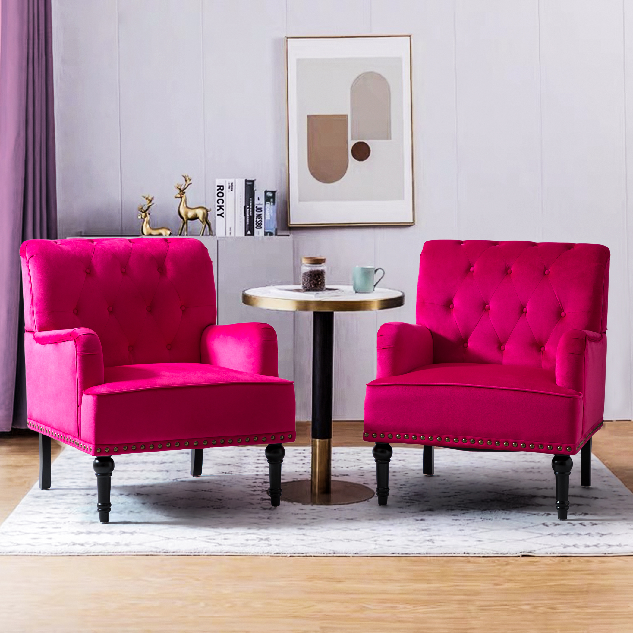 14 Karat Home Upholstered Velvet Accent Chair Set of 2 for Living Room & Bedroom, Fuchsia