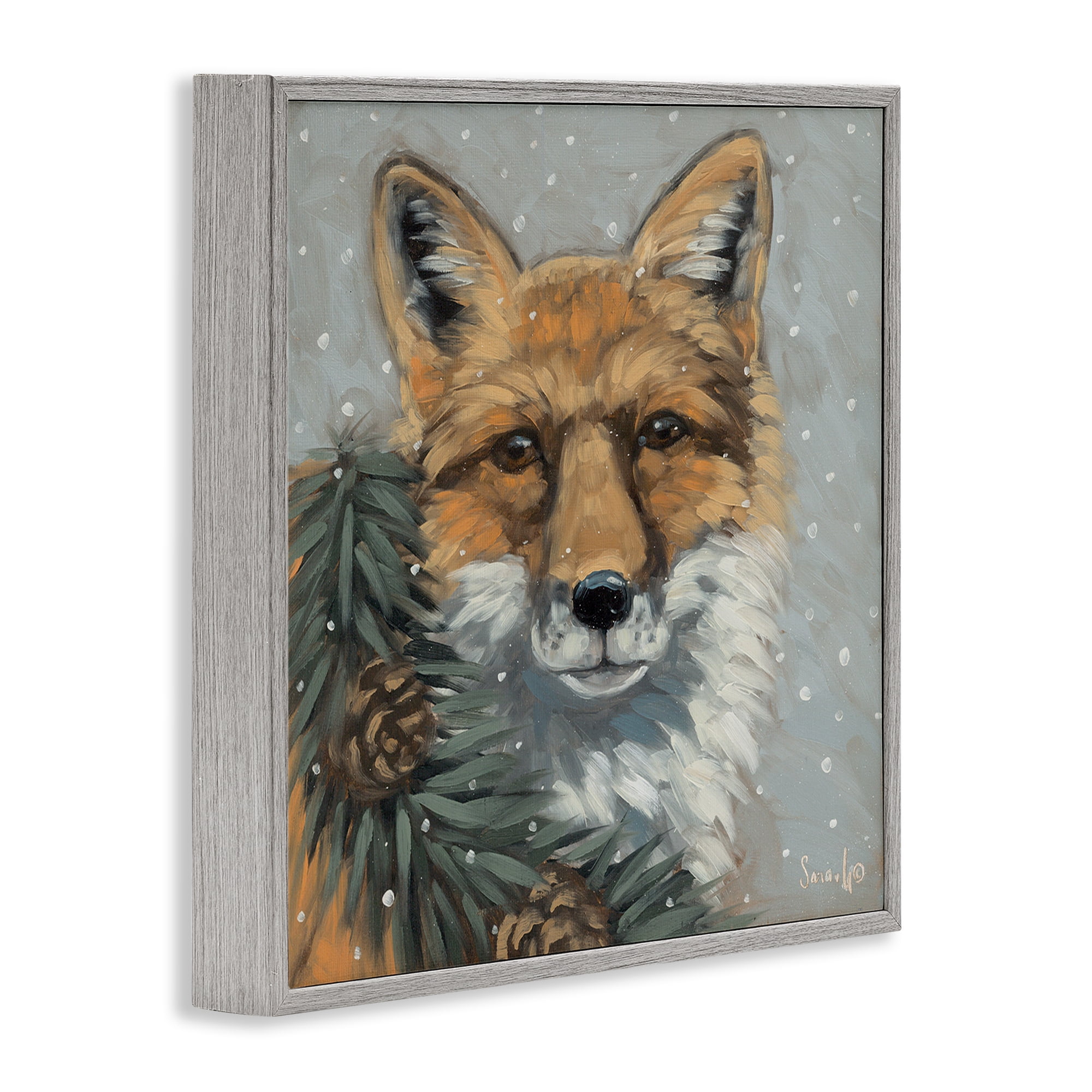 Stupell Industries Fox with Snowy Pinecones Holiday Painting Gray Framed Art Prints Wall Art, 17 x 17