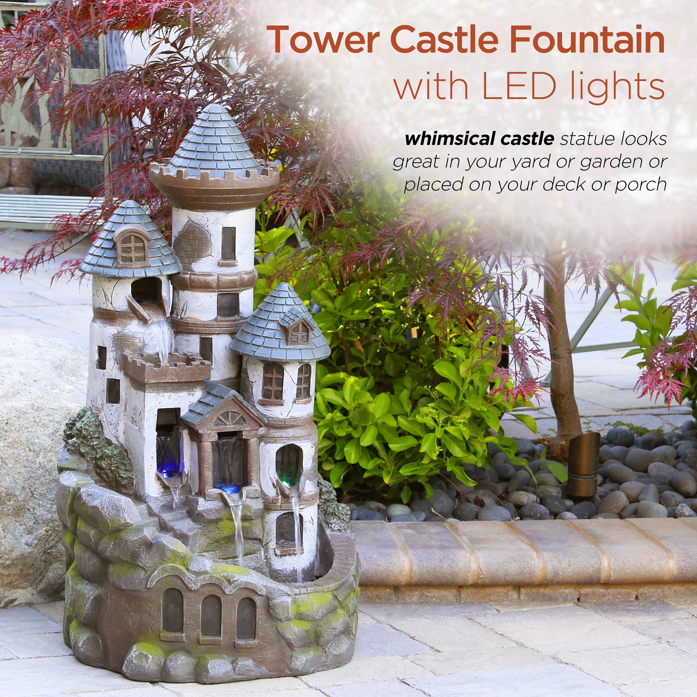 Alpine Corporation 35" Tall Outdoor Corded Electric Castle Fountain with Color Changing LED Lights