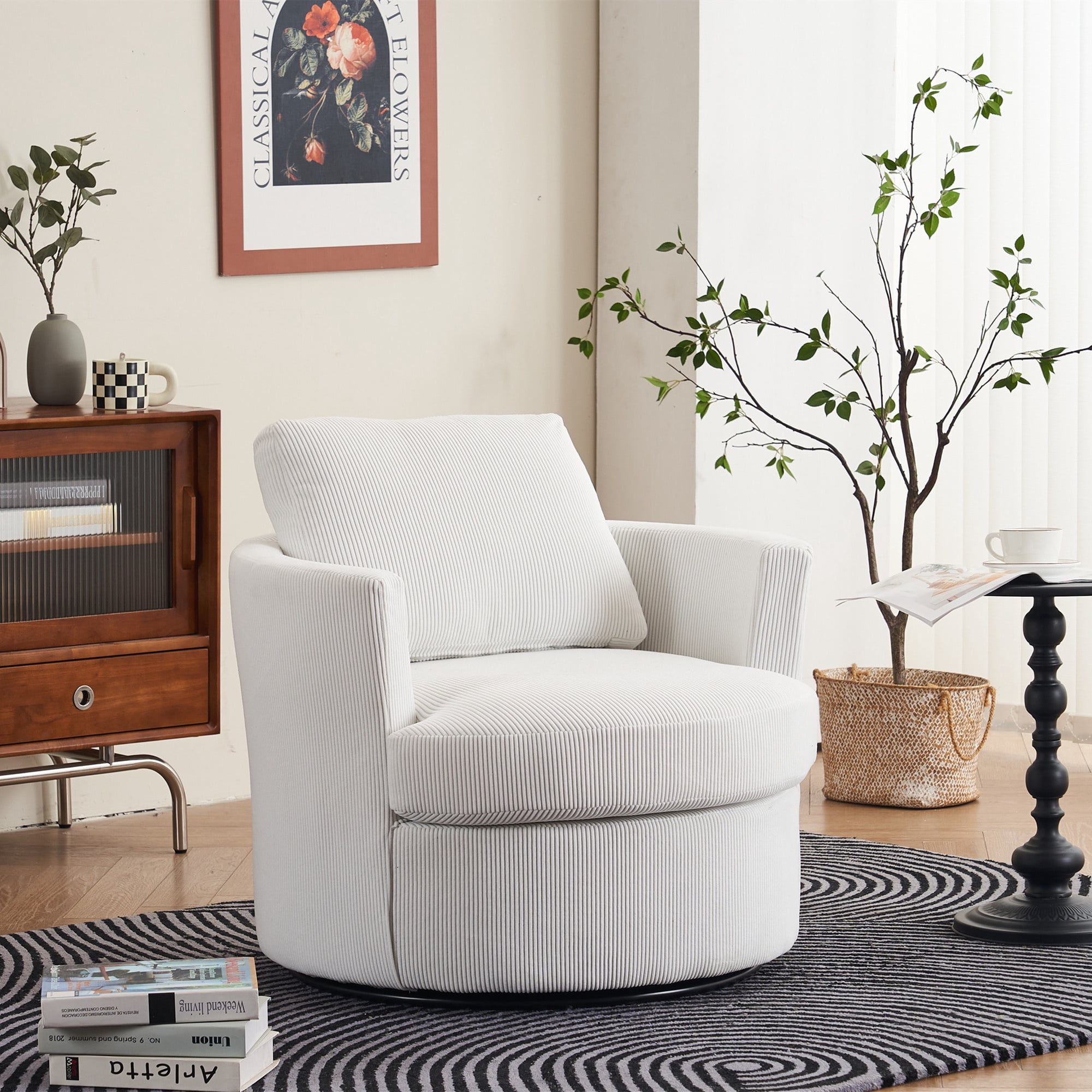 Aukfa Swivel Accent Chair Read Chair with Lumber Pillow for Living Room Bedroom, Corduroy, Beige