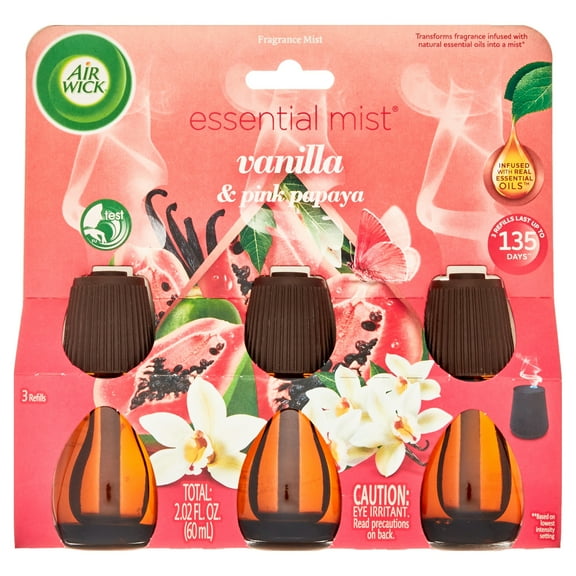 Air Wick Essential Mist Refill, 3 Count, Vanilla and Pink Papaya, Essential Oils Diffuser