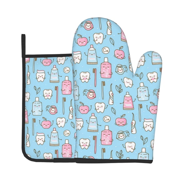 Vsdgher Funny Cute Teeth Oven Mitts and Pot Holders 2 pcs Set,High Heat Resistant Kitchen Oven Glove for Baking and Cooking
