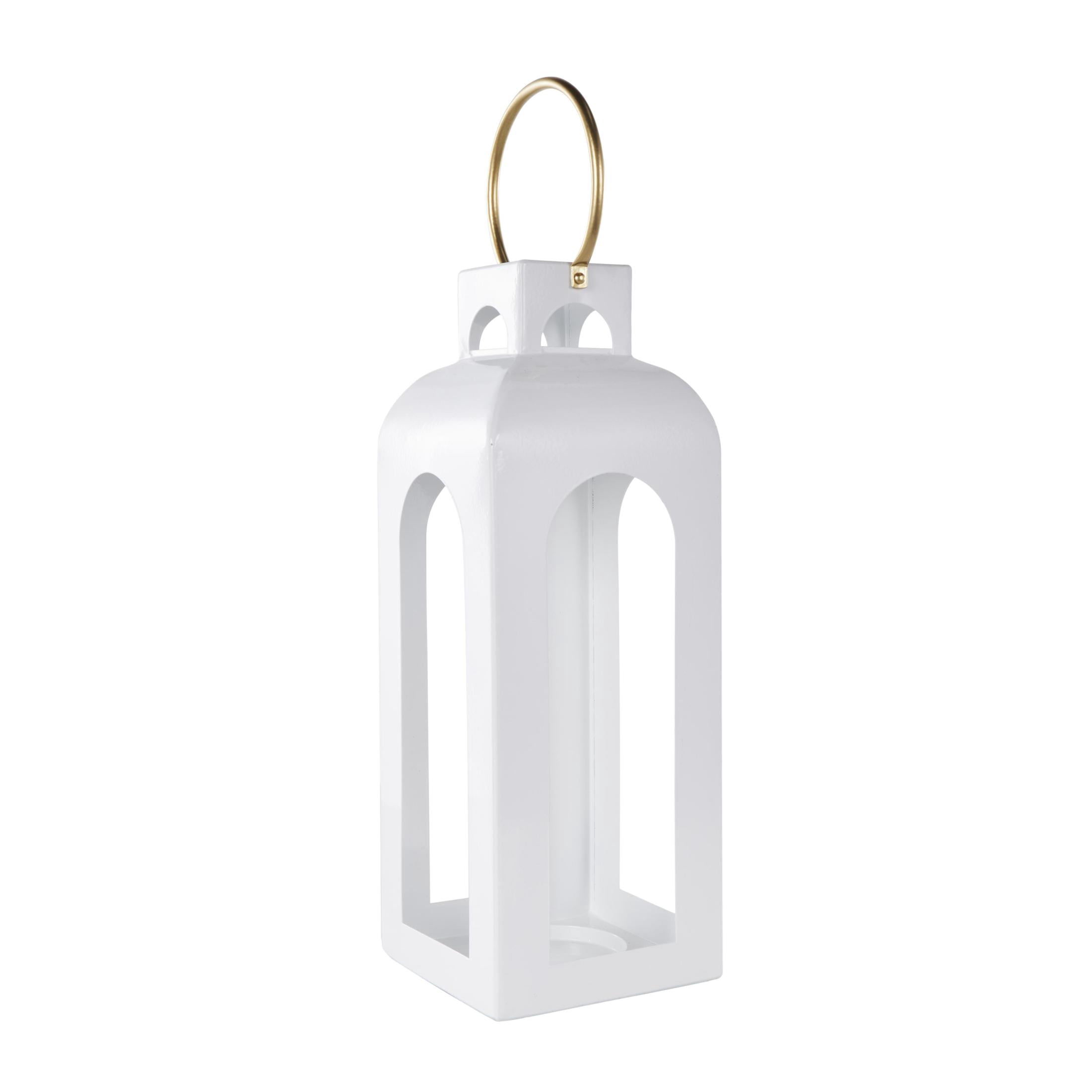 DecMode White Metal Tall Arched Cutout Candle Lantern with Gold Handle