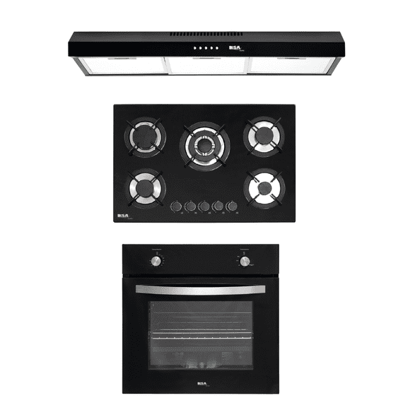 Combo DISA HOME Parrilla a Gas 5 Quemadores Cristal Templado, Campana Extractora de Pared Negro Mate Disa Home 40-11-0-012