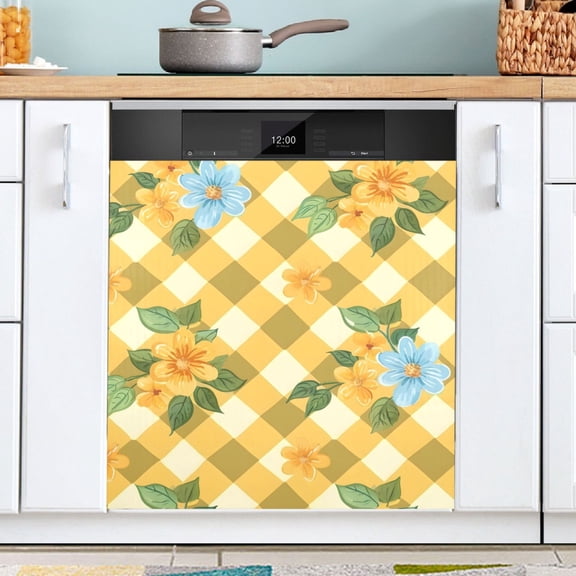 Ryvnso Flowers on Checkered Pattern Dishwasher Magnetic Refrigerator Magnet Cover Kitchen Home Decorative 23"x26"