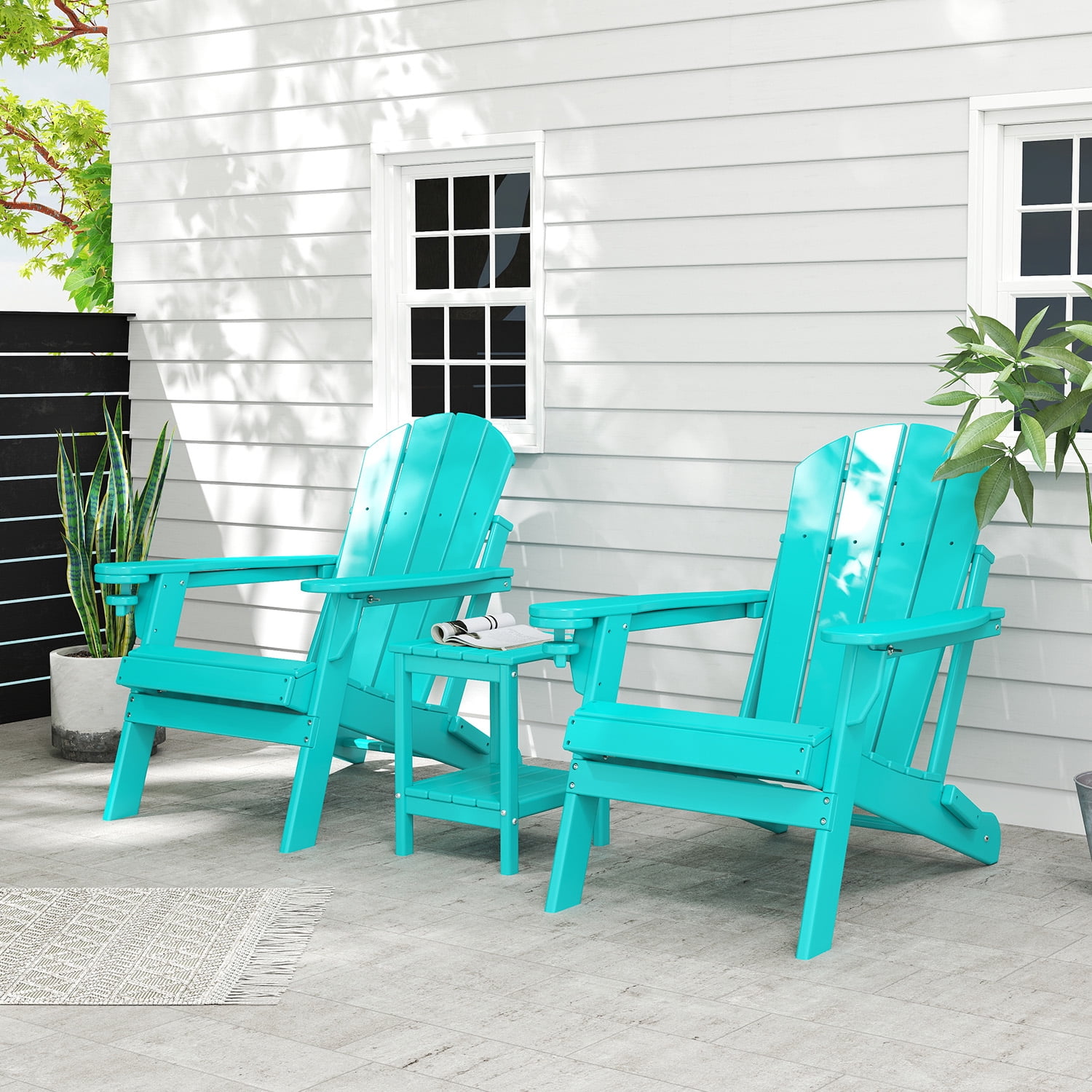 FODINGHILL Outdoor Folding Adirondack Chair set of 2, HDPE All Weather Patio Chair with Cup Holder for Deck Backyard Garden, Aqua